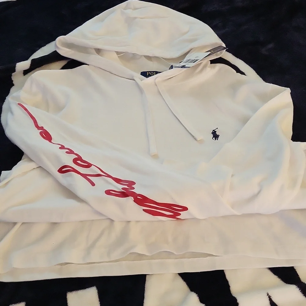 Polo by Ralph Lauren White Zip-Up Hoodie with Red Script Sleeve (Black Horse) - Picture 5 of 11